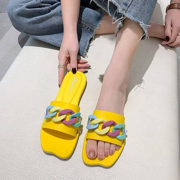 

summer candy color female slippers gladiator ladies flip flops fashion flat sandals bohemia beach metal chain womens shoes, Black