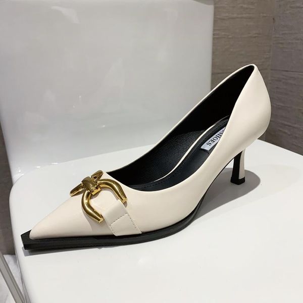 

dress shoes arrival 2021 spring women high heels thin heel pointed toe cut out metal buckle elegant office lady pumps, Black