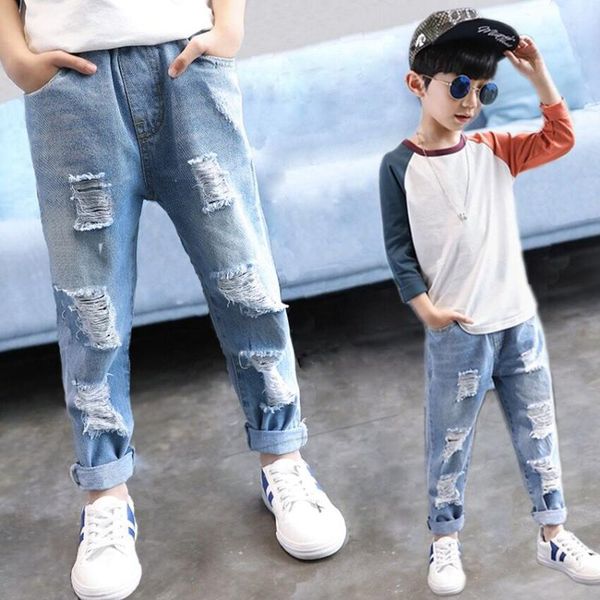 

jeans 2021 boys 4-13 years washed hole korean pants for baby summer kids leisure clothes teenager, Blue