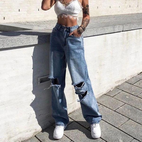 

women's jeans women high waist destroyed flare vintage ripped hole wide leg denim long pants harajuku loose baggy trousers, Blue