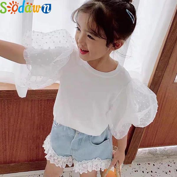 

clothing sets sodawn girl summer children clothes bubble sleeve +lace stitching denim shorts 2pcs toddler outfits, White