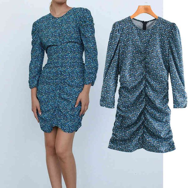 

casual dresses spot printing folds dress o-neck long sleeves women mini slim waist chic party mujer w3nl, Black;gray