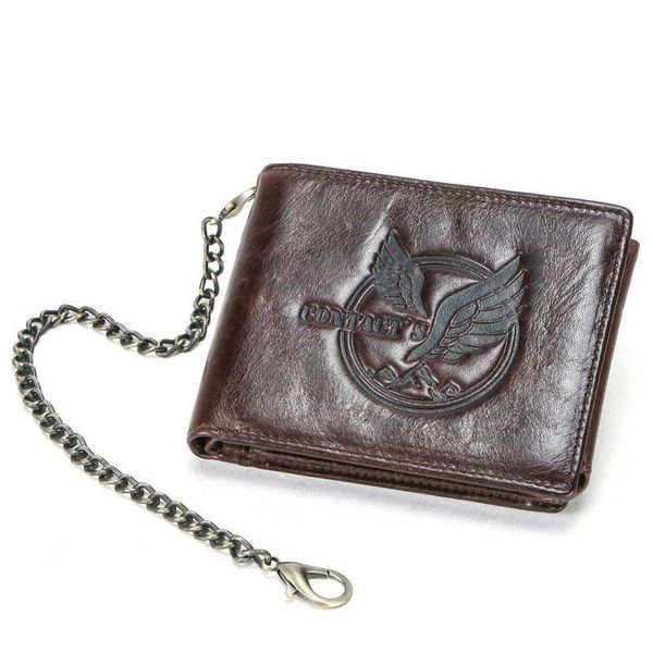 

wallets fashion men's classic cross leather wallet tide with iron chain multi-function anti-lost cow short, Red;black