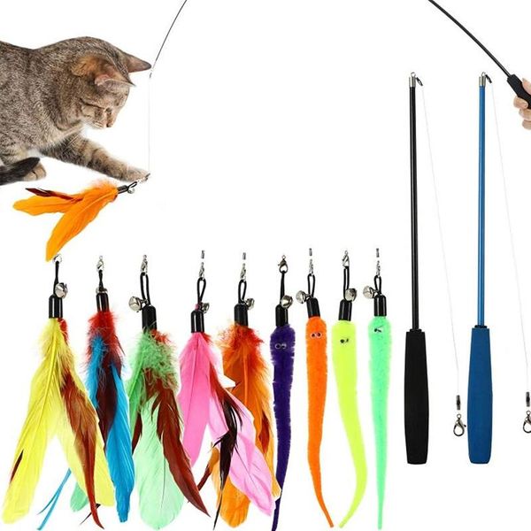 

12pcs cat interactive toys stick feather wand with small bell plastic artificial colorful teaser toy pets supplies