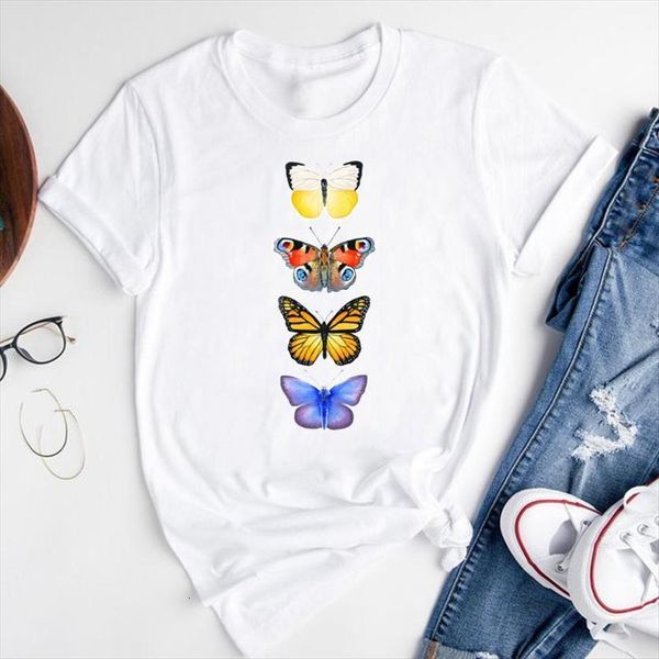 

graphic printing clothing butterfly watercolor women fashion print short sleeve summer female clothes tees t shirt, White