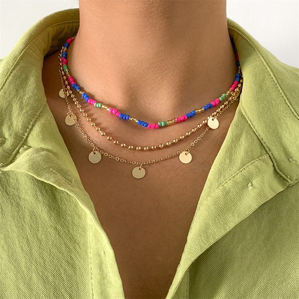 

yamog smooth sequins tassel pendant necklaces women alloy copper bohemian colorful beaded chains multi layer vacation beach woven neck jewel, Silver