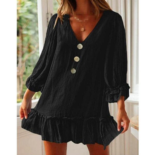 

casual dresses v-neck loose long sleeve ruffle hem women's dress, Black;gray