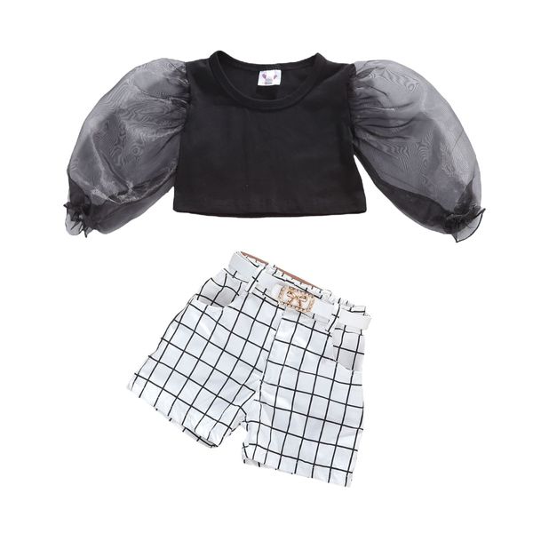9M-5Y criança infantil garoto meninas roupas conjunto de manga folhada preto camiseta tops shorts xadrez outono trajes roupas 210515