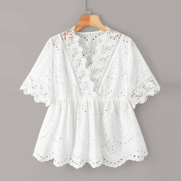 

women's blouses & shirts women clothes short sleeve lace blouse summer hollow out ladies solid woman blusa feminina, White