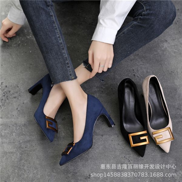 

luxury dress shoes 2021 ol large high heels thin heel buckle women's 40-43 small pointed single sho comfortable, Black