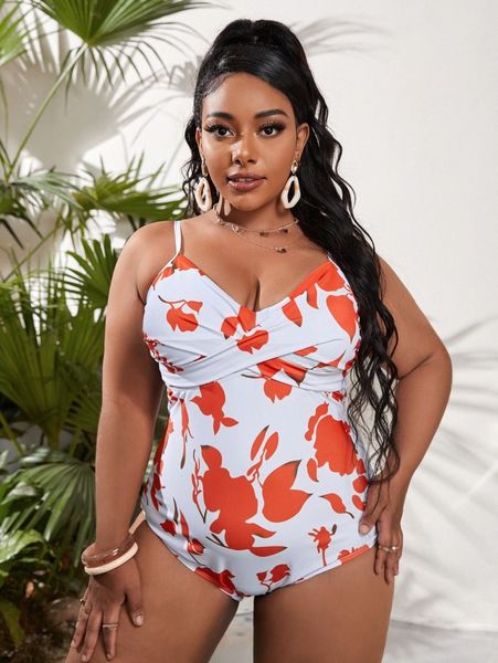 

plus allover print twist one piece swimsuit f42m#, Black