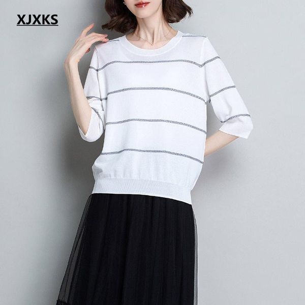 

women's t-shirt xjxks round neck three-quarter sleeve women summer 2021 high-quality comfortable linen, White