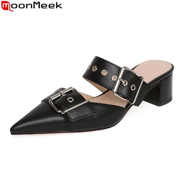 

slippers moonmeek 2021 women genuine leather square heels pointed toe ladies shoes summer mules black