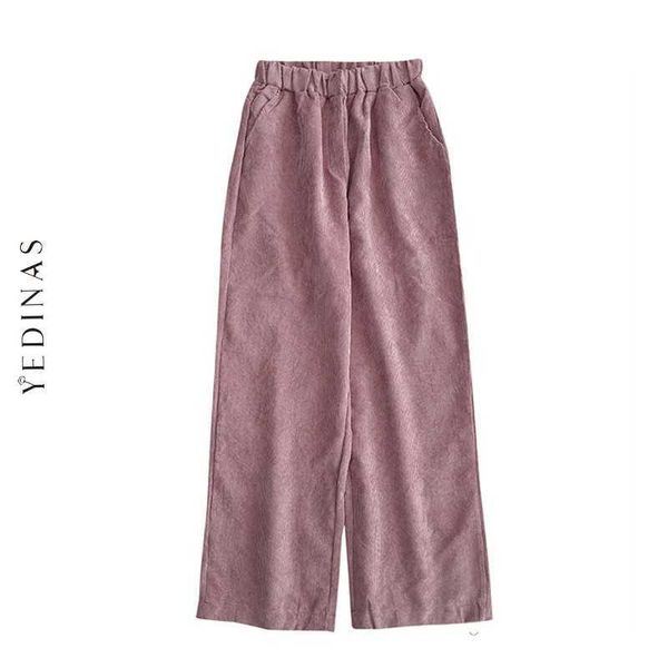 Yedinas estilo coreano cor-de-rosa corduroy calças mola mola reta cintura alta calças moda streetwear perna larga mais tamanho 210527