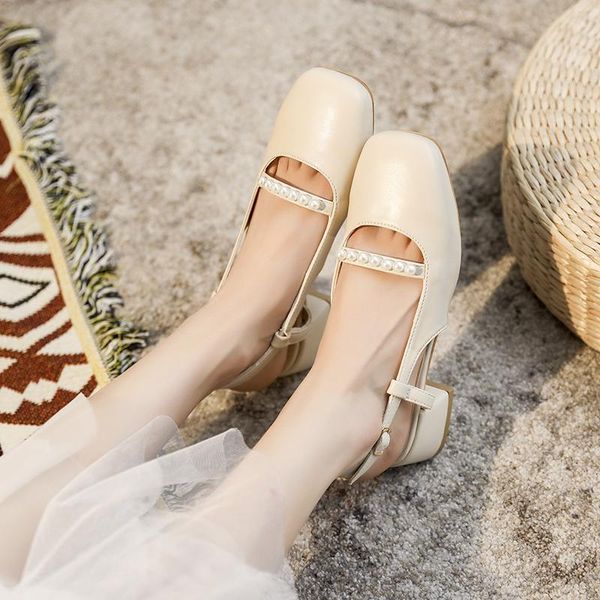 

sandals med clear heels fashion womens shoes 2021 mary jane chunky all-match suit female beige medium luxury summer block pearl, Black
