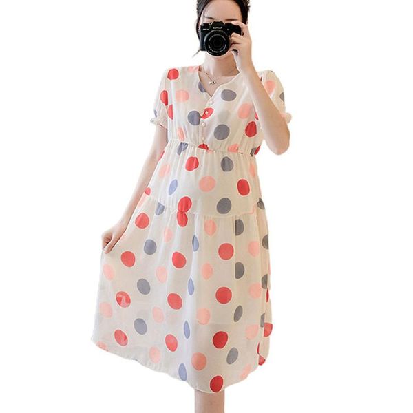 

dot chiffon maternity dresses pleated long pregnancy dress casual loose clothes for pregnant women fashion 2021, White