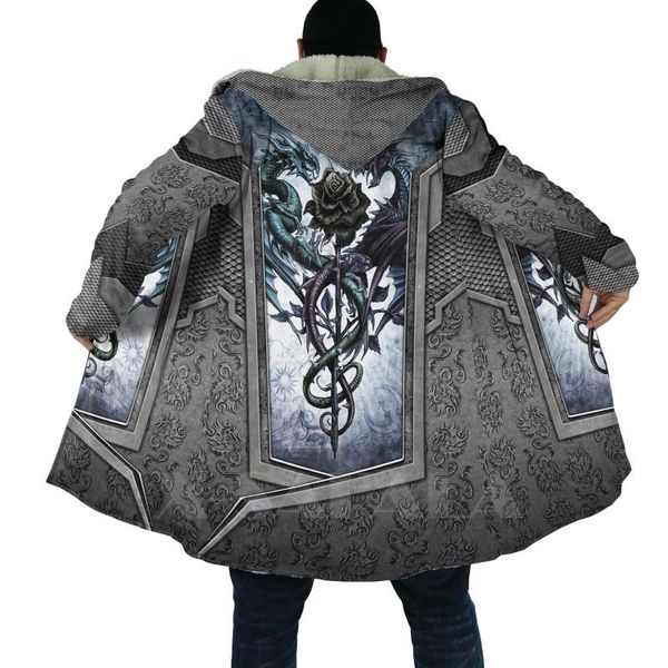 

men's wool & blends viking skull and dragon armor tattoo cross all over 3d printed thick warm hooded cloak for men windproof fleece c, Black