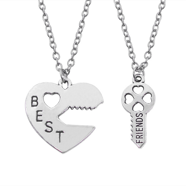 

pendant necklaces 2021 fashion heart friends necklace women 2 pcs/set hollow love key splicing bff & pendants jewelry gift, Silver