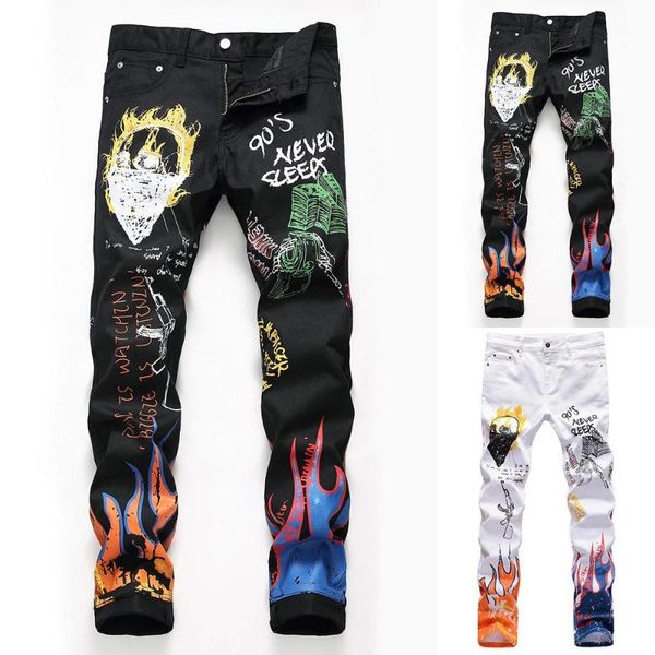 

men's jeans mens stretch creative printed straight street denim trousers casual elastic long pant, Blue