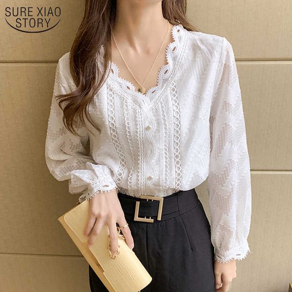 

fashion women blouses v-neck white vintage woman shirt autumn long sleeve loose lace shirts office lady blusa 10982 210527