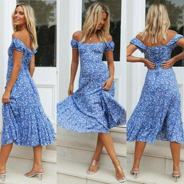 

casual dresses women boho floral ruffled midi dress lady summer off shoulder vacations holiday beach sundress, Black;gray