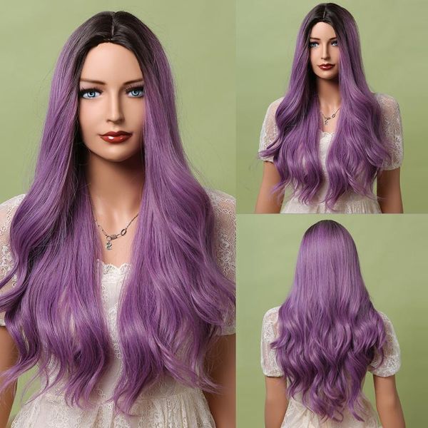 

synthetic wigs alan eaton long wavy natural middle part ombre black purple cosplay hair wig for women heat resistant fiber