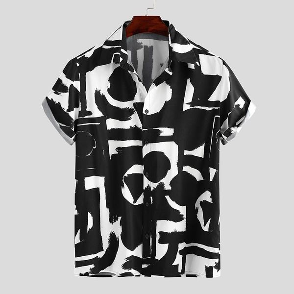 

men's casual shirts summer printing hawaiian shirt men 2021 short sleeve streetwear lapel brand chic button camisa plus size, White;black