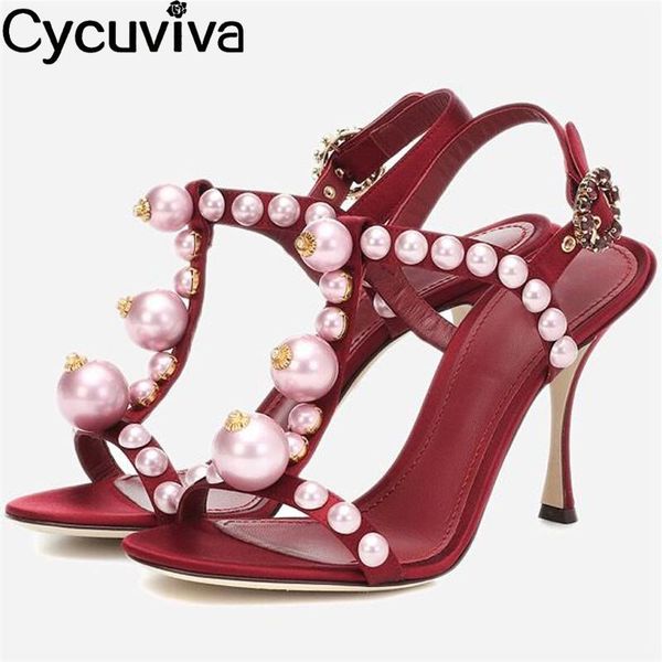 

pearl crystal high heels woman sandals wine red t-strap silk stiletto summer shoes runway slingback dress party, Black