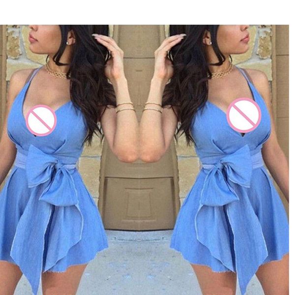 

women dress denim sleeveless bow sashes decorated spaghetti strap big open v-neck fit and flare clothing casual dresses, Black;gray