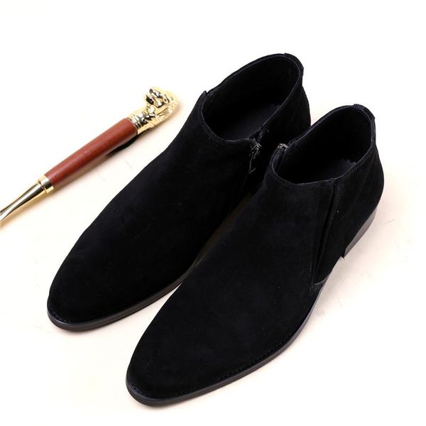 

european and american leather short boots men, frosted suede zipper cowboy boots, british fashion high-shoes dress, Black