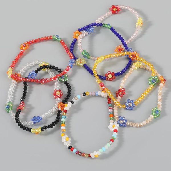 

beaded, strands glass bead handmade daisy flower elastic bangle bracelet for women bohemian simple colorful beads stretch, Black