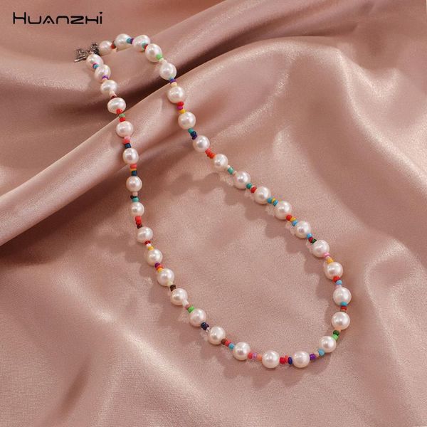 

chokers huanzhi 2021 fashion bohemia style colorful beaded sweet cute freshwater pearl necklace for ladies girls summer party jewelry, Golden;silver
