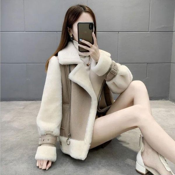 

women's fur & faux jacket women plus size lamb leather coat autumn winter 2021 short padded warm ladies outwear108, Black