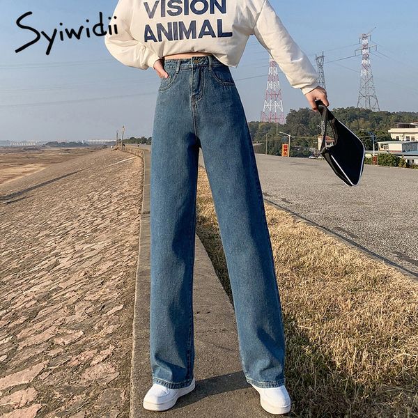 

2011Syiwidii Wide Leg Jeans for Women Bottom Baggy Denim Pants High Waist Full Length Clothing Trousers Vintage Streetwear 2021 New, Sky blue