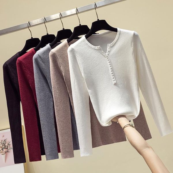 

gkfnmt button v neck sweater women knitted pullover 2021 autumn winter basic slim lady sweaters knit jumper korean chic women's, White;black