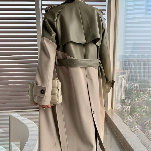 

women's trench coats stitching spring autumn lapel ladies cloak high-end quality lining windproof long coat windbreaker green leather, Tan;black