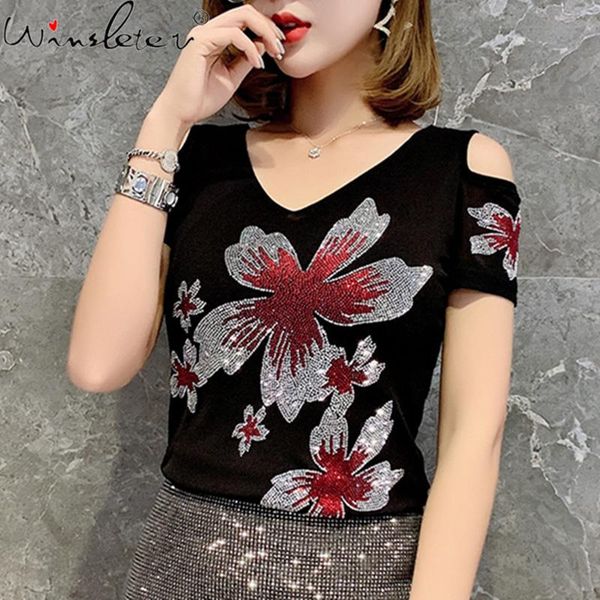 

women's t-shirt summer korean style mesh girls fashion off shoulder shiny diamonds women short sleeve back tees 2021 t12902a, White