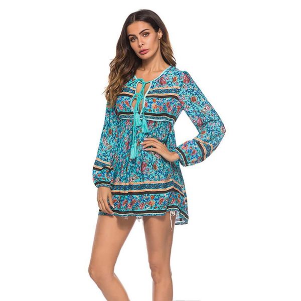 

casual dresses mini dress summer printing floral causal loose long sleeve drawstring v-neck autumn sukienki, Black;gray
