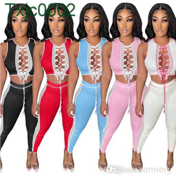 

women two piece pants designer summer shorts set sleeveless color contrast pit splicing mesh bandage hollow leisure trousers outfits, White