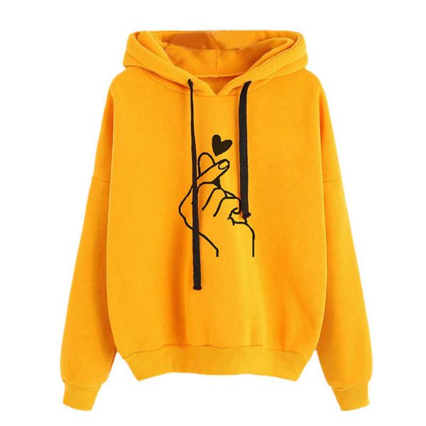 HARAJUKU kadın Kazak ve Hoody Bayanlar Boy K Pop Sarı Pembe Aşk Kalp Parmak Hood Rahat Hoodies Kadınlar Kızlar Için 210729