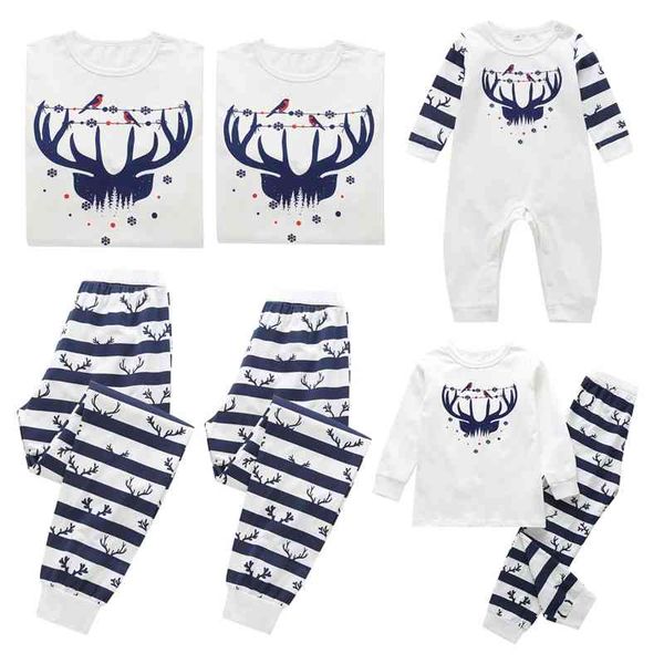 

autumn winter new home clothes pajamas elk print blue and white horizontal bar parent child suit