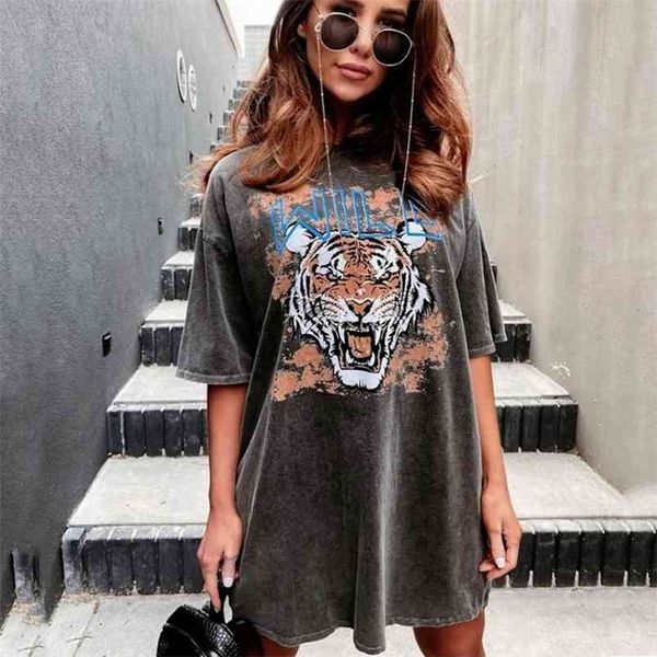 Black Retro Retro Carta Tigre Cabeça Vintage Camisas Algodão Oversized O-pescoço Camisa Animal American Fashion Senhora Verão EE Ops 210623