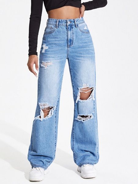 

high waist leg ripped boyfriend fit jeans 04j9#, Blue