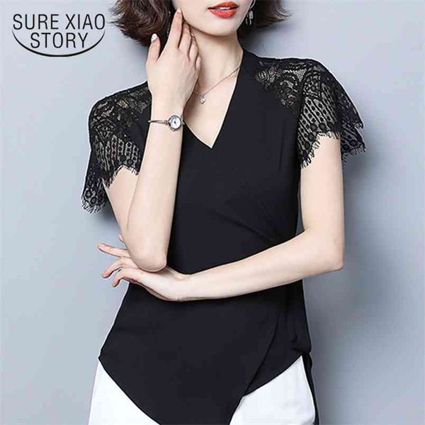 

plus size blouse women short sleeve lace chiffon shirts v-neck office ladies solid black 4950 50 210506, White
