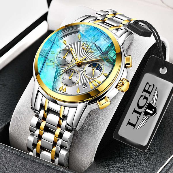 

relojes hombre lige watches men luxury brand chronograph male sport watches waterproof stainless steel quartz men watch 210527, Slivery;brown