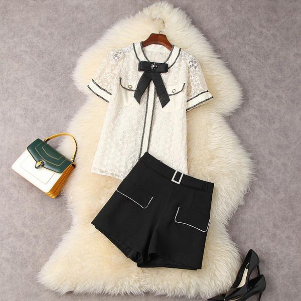 

women's tracksuits summer set women 2021 round neck bow short sleeved single breasted loose embroidered + wide leg shorts with diamonds, Gray