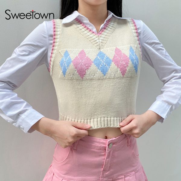 

argyle plaid knitted y2k sweater vest sweety girls cute kawaii clothes v neck cropped jumpers female pullover knitwear, Black;white