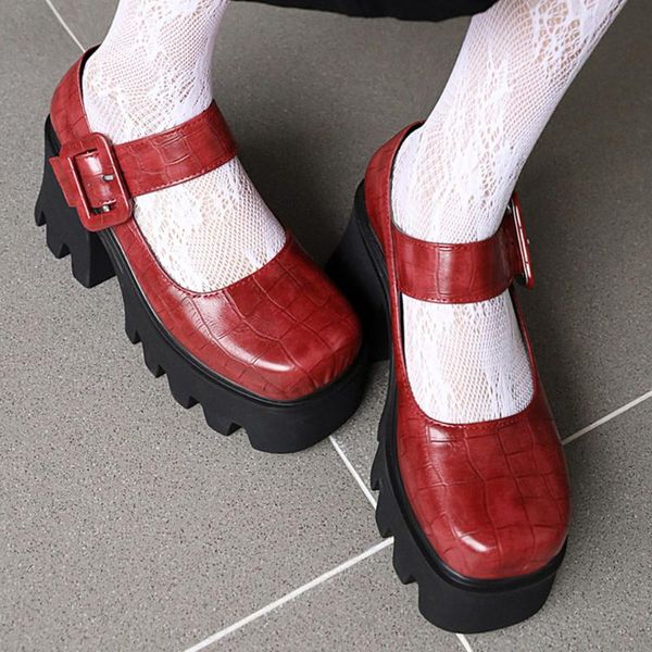 

brand female pumps solid buckle strap square toe shallow platform women high heel punk gothic shoes woman dress, Black