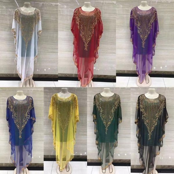 

ethnic clothing latest style classic dashiki african abaya tulle fabrics sequins embroidery loose dress size one piece, Red