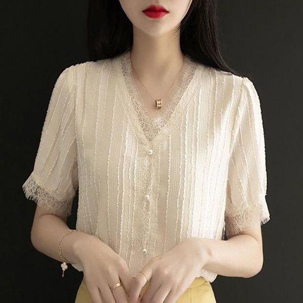 

women spring autumn style chiffon blouses shirts lady casual short sleeve v-neck polka lace decor blusas dd8880 women's &, White